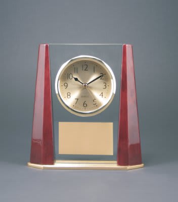 Glass Desk Clock with Rosewood Finish Bevel Columns
