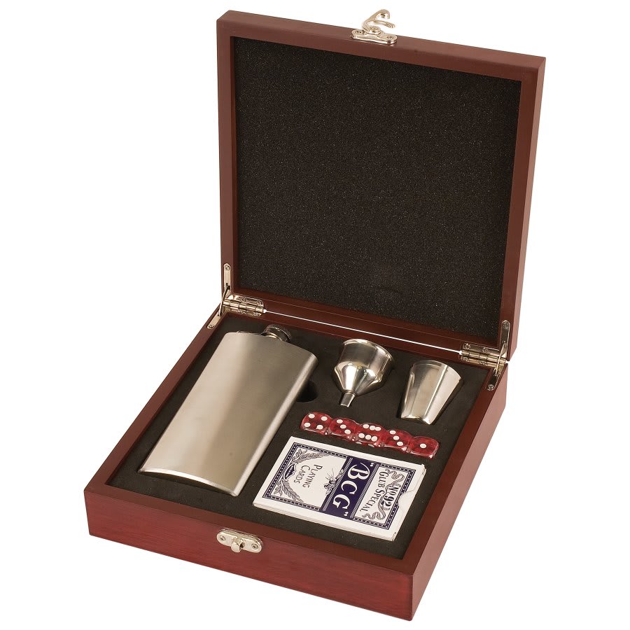 Rosewood Finish Flask Set with Flask, Shot Glass, Cards & 5 Dice