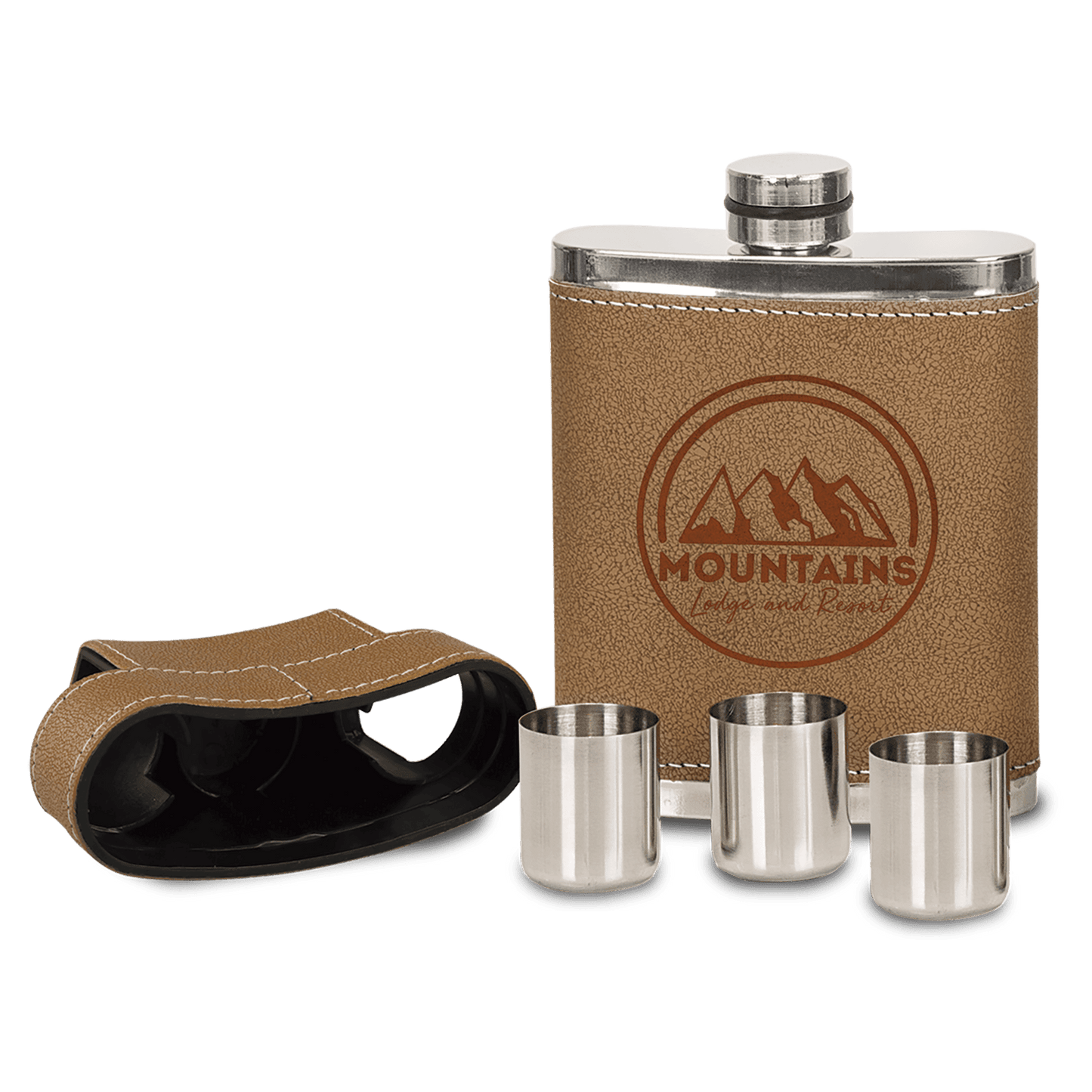 7 oz. Leather Wrapped Flask Kit with Lid & 3 Shot Glasses