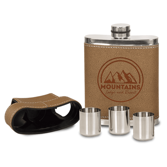 7 oz. Leather Wrapped Flask Kit with Lid & 3 Shot Glasses