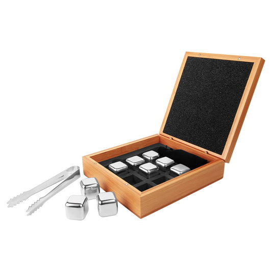 Bamboo Whiskey Stone Set with 9 Stainless Steel Whiskey Stones