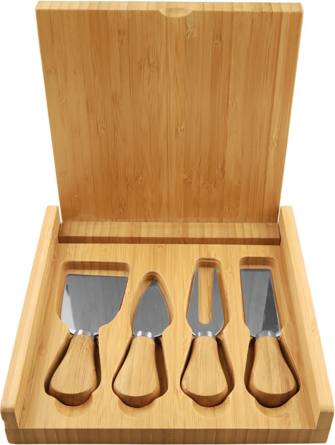 Genuine Bamboo Cheese Set with 4 Stainless Steel Tools