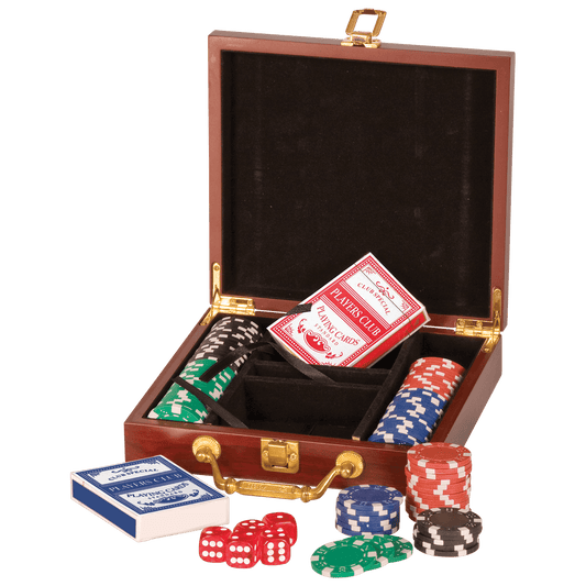 Rosewood Finish Poker Gift Set with 100 Chips, 2 Decks of Cards & 5 Dice