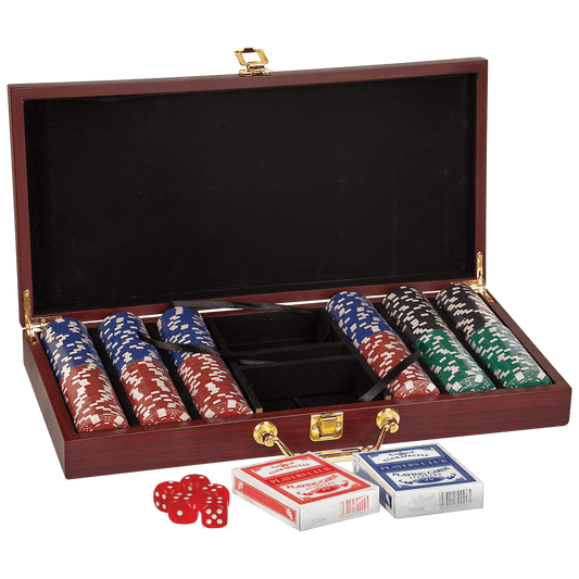 Rosewood Finish Poker Gift Set with 300 Chips, 2 Decks of Cards & 5 Dice