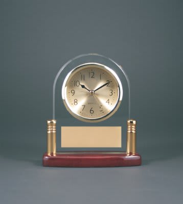 Arch Glass Desk Clock with Metal Posts & Rosewood Piano Finish