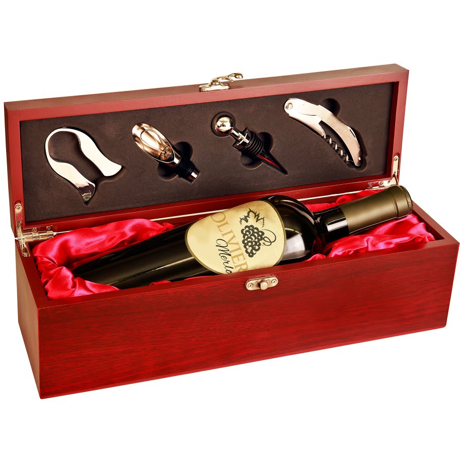 Rosewood Finish Single Wine Presentation Box with 4 Tools