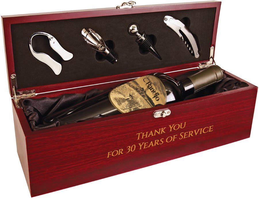 Rosewood Finish Single Wine Presentation Box with 4 Tools w/ Black Lining