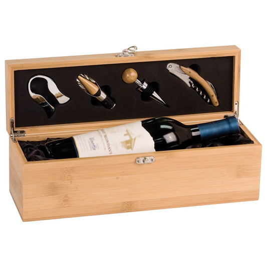 Genuine Bamboo Single Wine Presentation Box with 4 Tools