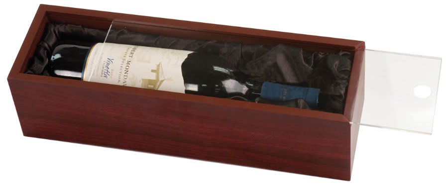 Rosewood Finish Wine Box with Clear Acrylic Lid & Black Lining